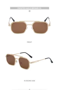 Front and 45-degree side views of frosted gold metal square sunglasses with brown lenses