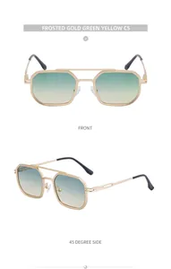 Front and 45-degree side views of frosted gold octagonal sunglasses with gradient lenses