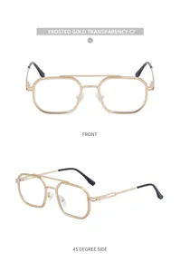 Detailed front and side views of frosted gold rectangular metal frame sunglasses
