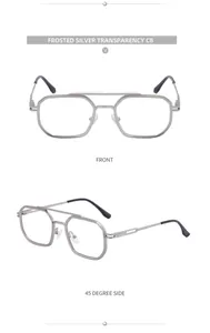 Frosted silver retro square glasses with double bridge shown in front and side views