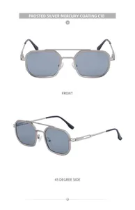 Front and side view of frosted silver metal frame sunglasses with mercury coating lenses