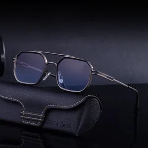 Retro square metal sunglasses with gradient lenses and premium leather case