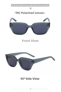 Détail des verres polarisés TAC et de la monture gris-vert des lunettes de soleil œil de chat