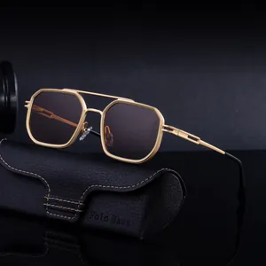 Retro square frame gold metal sunglasses with dark geometric lenses and leather case