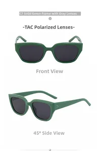 Vues détaillées de lunettes de soleil œil-de-chat polarisées avec monture verte et verres gris