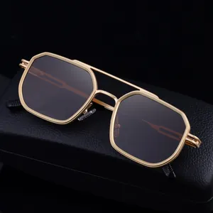 Vintage gold square frame sunglasses for men with black lenses and premium leather case