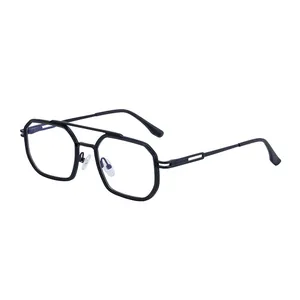 Retro square black double bridge sunglasses with geometric polygonal metal frame for men