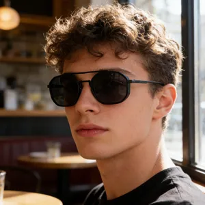 Lunettes de Soleil Carrées en Métal pour Hommes Vintage Double Pont Protection UV400 Verres en PC Mode Punk Monture Géométrique