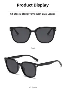 Vues de face et latérale de lunettes de soleil polarisées noires à monture carrée chic
