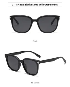 Vues frontale et à 45 degrés de lunettes de soleil carrées noir mat avec rivets