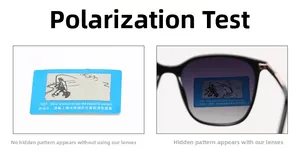 Close-up showing polarized lens performance with test card for square sunglasses