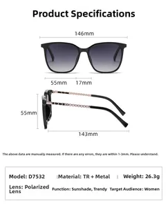 Detailed technical diagram of square frame sunglasses with TR metal temples and dimensions