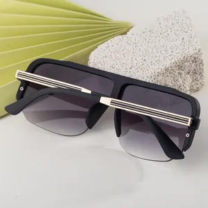 Close-up of semi-rimless sunglasses with matte black frames and golden metal temple accents