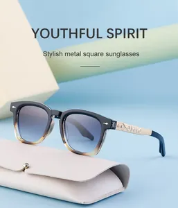 Detail of square sunglasses with gradient frames and embossed metal temples
