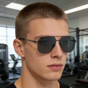Close-up of polarized square pilot sunglasses on model showing sleek double-bridge frame