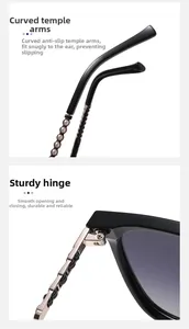 Detail of square sunglasses with non-slip curved temples, sturdy hinges and pearl decor