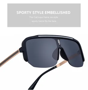 Detail of matte black semi-rimless sports sunglasses with golden striped metal temples