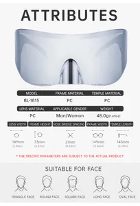 Size chart for outdoor cycling sunglasses with PC frame measurements and weight details