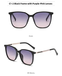 Square sunglasses with black frame, purple gradient lenses and chain texture detail