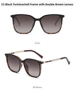 Detail of square sunglasses with black tortoise frames, gradient tea lenses and gold chain arms