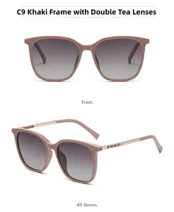 Detail view of khaki pink square frames with gradient lenses and pearl metal temples