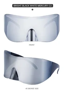 Front and 45-degree side views of bright black cycling sunglasses with silver mercury lenses