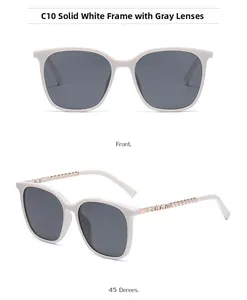 Detail of square sunglasses with white frames and decorative pearl chain metal temples