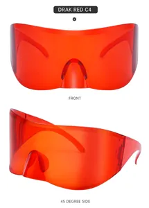 Front and 45-degree side macro views of Dark Red oversized shield cycling sunglasses
