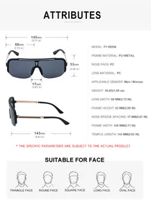 Detailed size chart for half-frame outdoor sports sunglasses with PC and metal frame