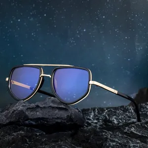 2025 Trendy square pilot sunglasses for men with gold metal frame on black textured stone