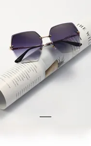 Detail of purple gradient nylon lens with diamond-cut edge on rimless sunglasses