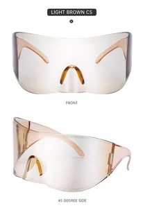 Detail view showing light brown shield sunglasses with transparent frame from two angles