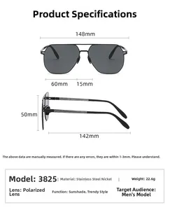 Detailed size specifications for square polarized aviator sunglasses in stainless steel