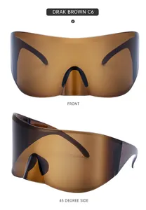 Detailed front and side views of oversized dark brown wraparound sports sunglasses