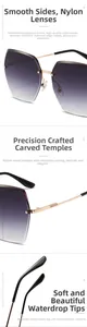 Close-up of rimless gradient purple nylon lenses with diamond cut edges and gold temples
