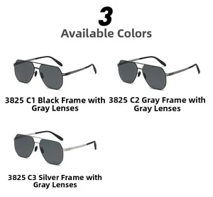 Flat lay of aviator square polarized sunglasses in black grey and silver frames