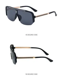 Macro detail of matte black half-frame sunglasses with gold metal striped temples
