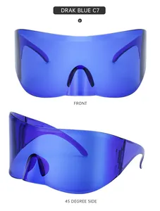 Front and 45-degree side views of dark blue seamless cycling shield sports sunglasses