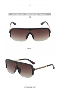 Front and 45-degree side views of dark brown semi-rimless cycling sunglasses