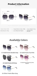 Detailed size chart and multi-color overview of rimless diamond cut nylon sunglasses