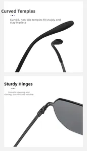 Detail of curved non-slip temples and sturdy metal hinges on square polarized sunglasses