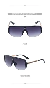 Detail view of semi-rimless sunglasses with gold stripe accents and gradient gray lenses