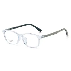 Macro detail of transparent frame optical glasses with bicolor grey temples and brand text