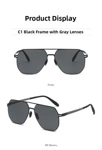 Detail view of square polarized sunglasses with black metal double bridge and grey lenses