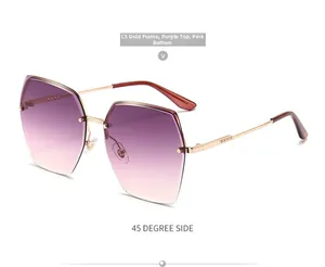 Detail showing the C5 gold frame with purple-pink gradient rimless diamond-cut lenses