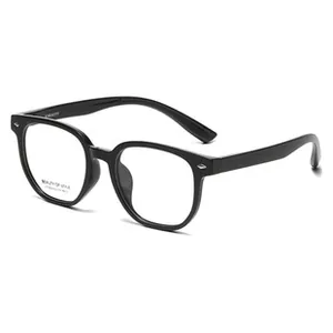 Detail of square black frame glasses with silver wing accents and Liberty temple logo