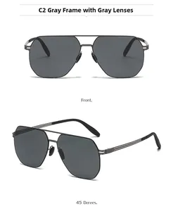 Front and 45-degree angle views of square polarized pilot sunglasses with grey metal frames