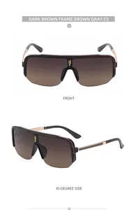 Detail view of half-rim sports sunglasses with dark brown frame and logo on the bridge