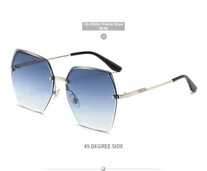 Detail of rimless diamond-cut sunglasses with blue gradient lenses and silver engraved frame