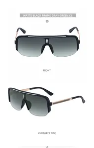 Close-up of matte black frame and gray green gradient lenses with golden metal accents